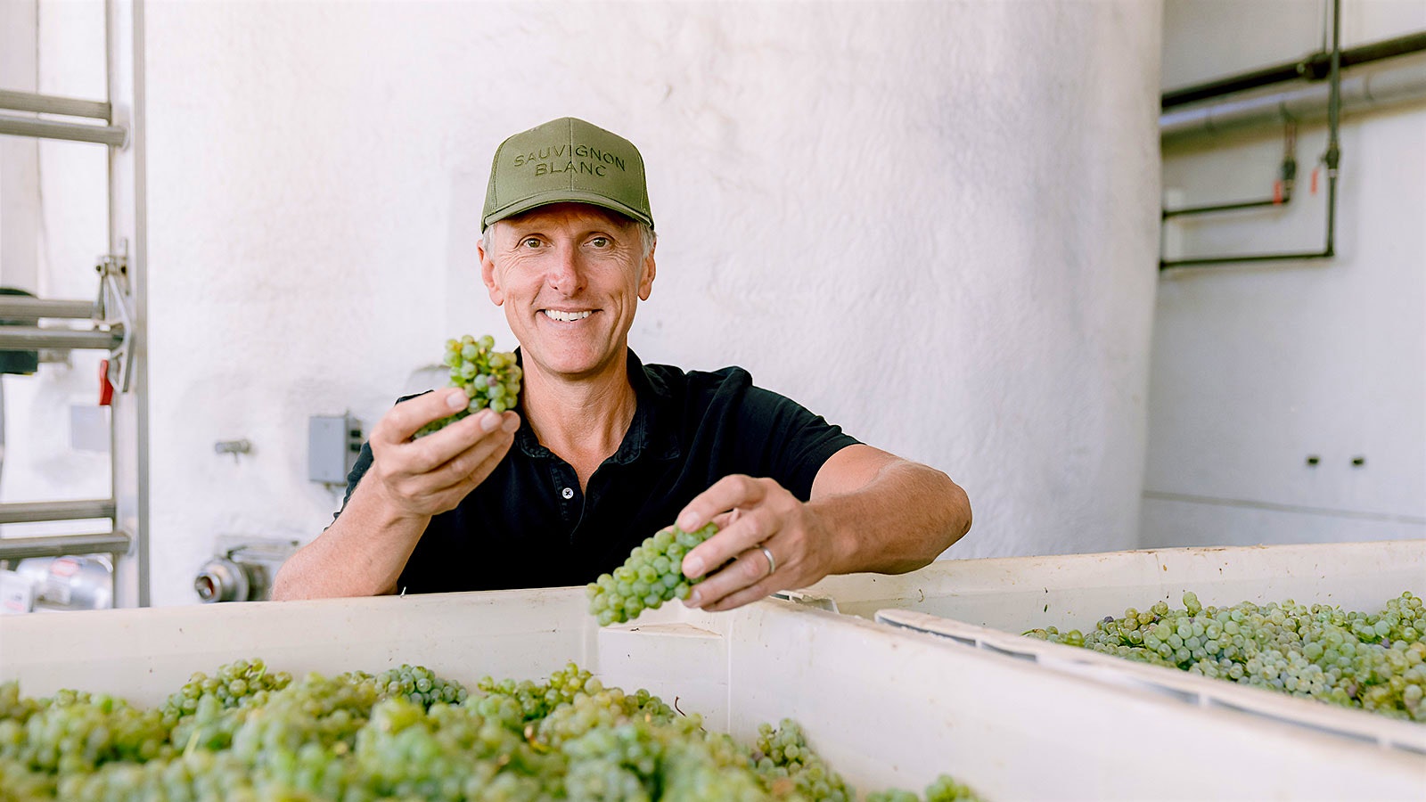 Winemaker Joel Gott holding bunches of Sauvignon Blanc grapes